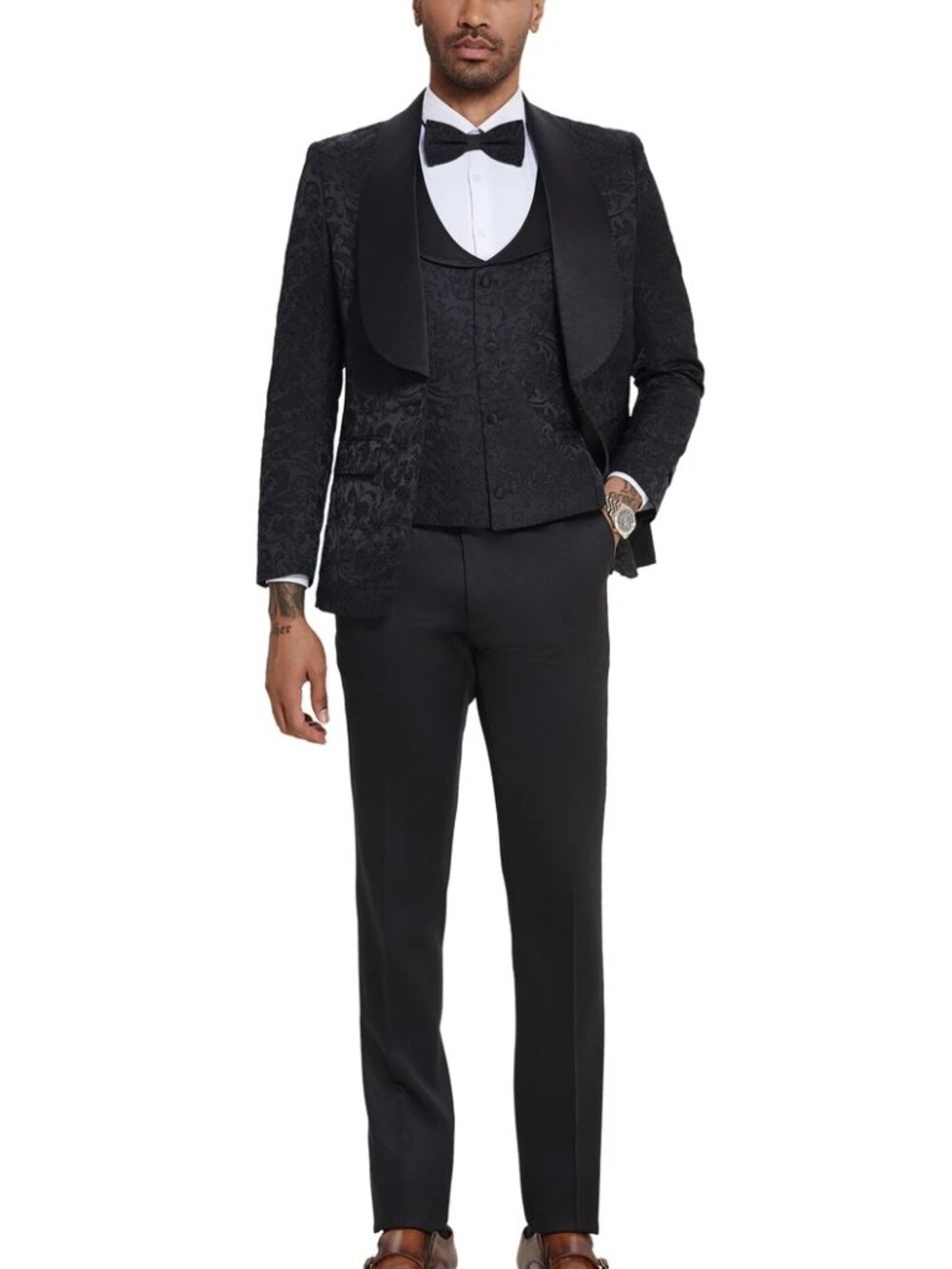 Black Textured Paisley Wide Shawl Lapel 3 Piece Fashion Men's Suit